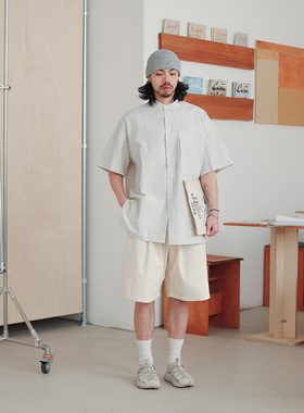 NOEARS春夏白色立领条纹简约设计感宽松衬衫日系复古休闲短袖衬衣