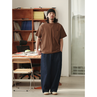 圆领套头T恤春夏cityboy宽松短袖 NOEARS日系复古棕咖色插肩袖