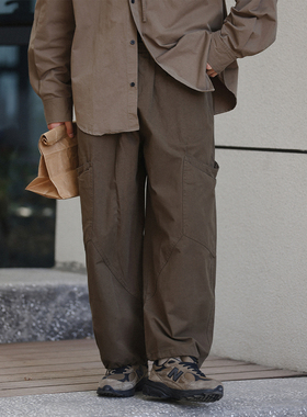 NOEARS春秋复古大口袋绿色宽松长裤日系松紧腰束脚通勤纯色休闲裤