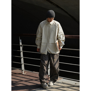 NOEARS米杏色多口袋宽松日系翻领衬衫 复古 男cityboy武士衬衣长袖