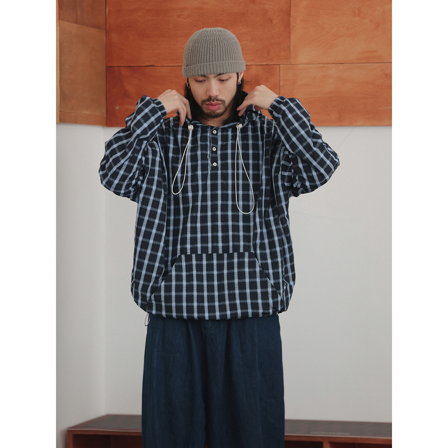 NOEARS秋季复古藏青格子宽松连帽长袖卫衣日系袋鼠兜宽松格纹外套