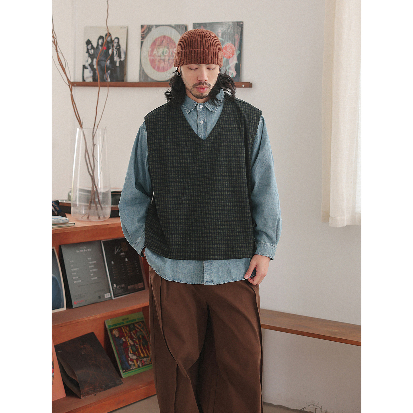 NOEARS秋冬绿色格子复古v领套头马甲英伦风叠穿免烫磨毛内搭上衣