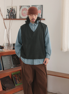 NOEARS春秋绿色格子复古v领套头马甲英伦风叠穿免烫磨毛内搭上衣