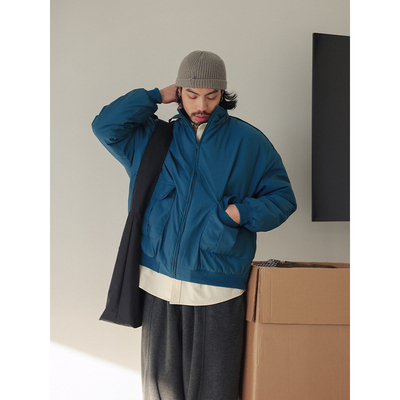 NOEARS秋冬孔雀蓝立领加棉短款夹克日系复古cityboy宽松保暖外套