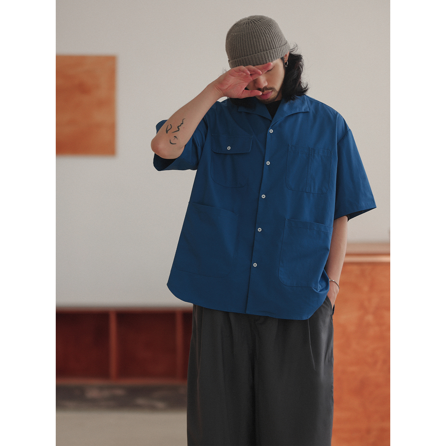 NOEARS日系复古克莱因蓝宽松工装短袖衬衫夏季cityboy休闲衬衣