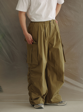 NOEARS日系绿色复古宽松抽皱弯刀裤春夏多口袋直筒设计感工装长裤