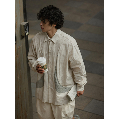 NOEARS春夏复古cityboy米色条纹拼接长袖衬衣cleanfit宽松衬衫男