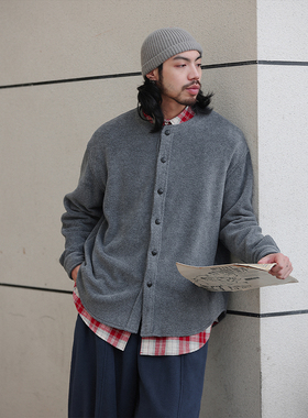 NOEARS秋冬浅灰色摇粒绒无领外套日系复古cityboy落肩夹克外套