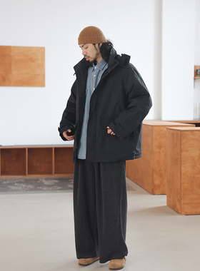 NOEARS黑色冲锋衣宽松夹棉风衣防风工装夹克中长款外套连帽男女潮