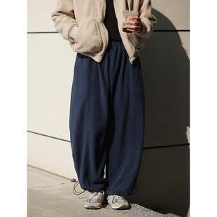 NOEARS秋冬藏青色摇粒绒宽松直筒束脚休闲卫裤 复古松紧腰抽绳长裤