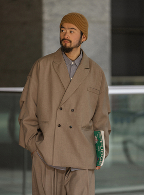 NOEARS冷淡系宽松双排扣奶茶色休闲西装痞帅通勤宽松外套上衣男潮