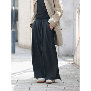 日系复古抽绳天丝垂感长裤 NOEARS秋季 松紧腰黑色宽松束脚灯笼裤