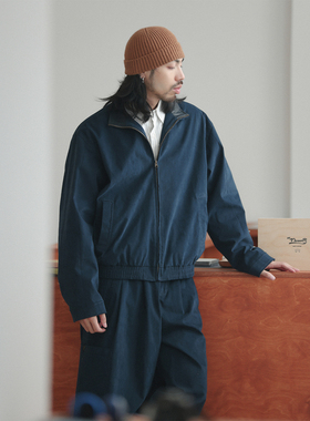 NOEARS藏青撞色pu翻领cleanfit教练夹克日系复古痞帅立领休闲外套