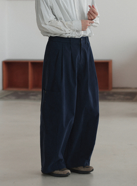 NOEARS春秋藏青色侧边口袋磨毛长裤日系复古宽松松紧腰直筒休闲裤
