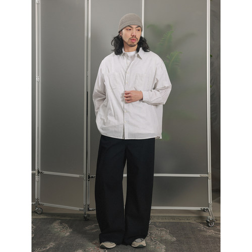 NOEARS日系少年感白色肌理感竹节纱横条衬衫春季长袖宽松翻领衬衣