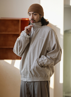 NOEARS日系复古米色格子休闲夹克春季立领设计款千鸟格刺绣外套