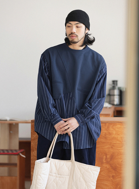 NOEARS日系复古藏青色圆领条纹拼接长袖T恤春季个性假两件上衣