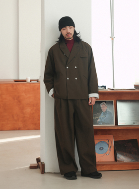 NOEARS秋冬复古绿色磨毛肌理感pu皮西装夹克高街宽松休闲外套立领