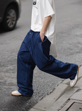 NOEARS深蓝色夏季薄款显瘦直筒牛仔裤松紧腰宽松日系cityboy长裤