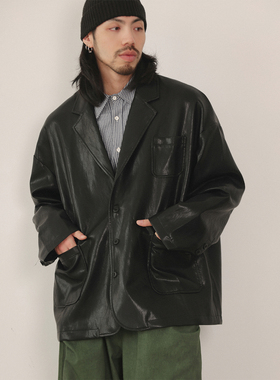 NOEARS美式复古街头痞帅宽松黑色pu皮衣春秋高级感西装外套夹克