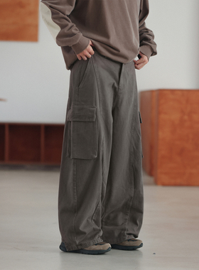 NOEARS日系复古灰色贴袋直筒宽松工装长裤春秋设计款分割休闲裤
