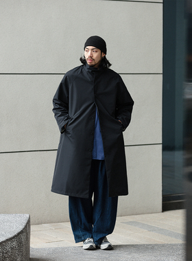 NOEARS日系复古黑色插肩袖廓形风衣春季宽松单排扣立领长款外套