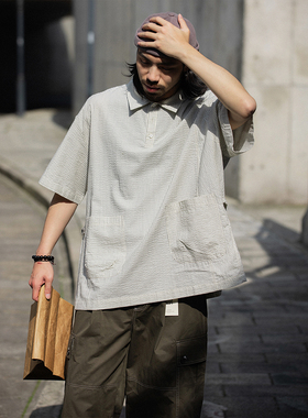 NOEARS夏季白色竖条纹日系通勤风基础翻领衬衫男五分袖大口袋衬衣