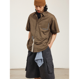 NOEARS纯棉翻领日系工装 男宽松撞色贴布挺阔感衬衣痞帅复古潮 衬衫