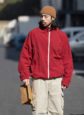 NOEARS红色可拆卸袖工装夹克日系复古户外冲锋衣宽松外套薄款防风