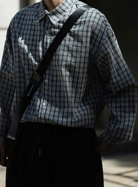 NOEARS日系复古cityboy宽松藏青色格子泡泡纱通勤休闲内搭衬衫男