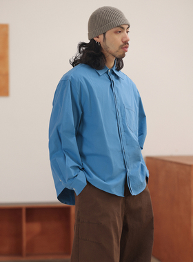 NOEARS日系设计感蓝色双门襟宽松翻领复古风长袖衬衫落肩袖衬衣春