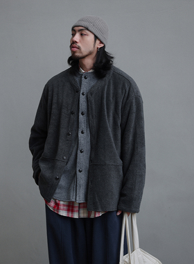NOEARS秋冬小立领深灰色摇粒绒设计款外套日系复古休闲保暖夹克