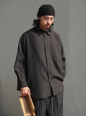 NOEARS春秋复古纹理黑色长袖宽松衬衫日系方领贴袋休闲肌理感衬衣