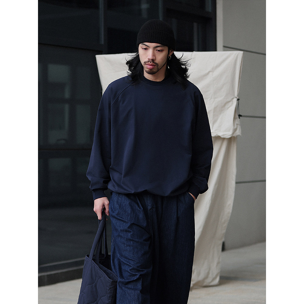 NOEARS日系复古藏青色螺纹拼接长袖刺绣秋冬圆领卫衣插肩袖上衣