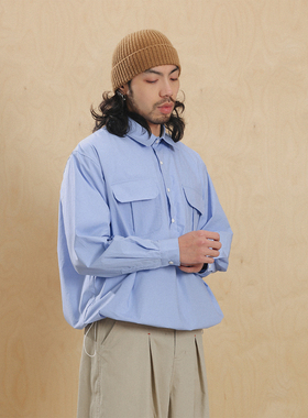 NOEARS日系cityboy蓝色半门襟宽松翻领复古风落肩袖套头长袖衬衫