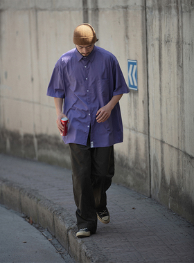 NOEARS紫色宽松短袖衬衫男女日系Cityboy免烫衬衣垂坠感高街复古