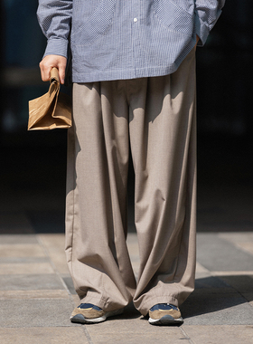 NOEARS双褶松紧腰抽绳奶茶色宽松阔腿裤通勤日常感基础休闲长裤