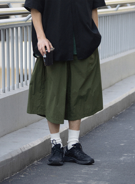 NOEARS军绿色七分裤夏季日系复古痞帅工装阔腿裤薄款武士裤速干