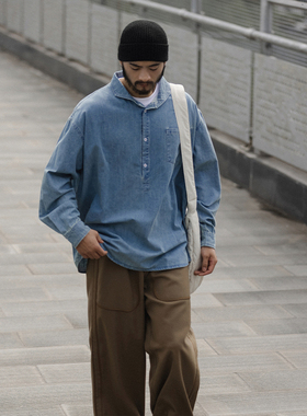 NOEARS复古水洗浅蓝色牛仔衬衫男套头日系工装复古长袖上衣痞帅潮