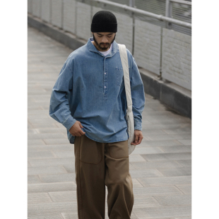 上衣痞帅潮 复古长袖 NOEARS复古水洗浅蓝色牛仔衬衫 男套头日系工装