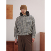 NOEARS日系cityboy格子藏青泡泡纱长袖 衬衫 宽松复古风翻领衬衣春