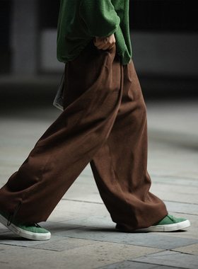 NOEARS复古棕咖色日系阔腿直筒长裤子男束脚加厚hiphop抽绳工装裤