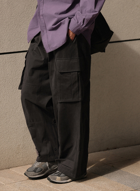 NOEARS秋冬复古黑色宽松阔腿休闲裤日系磨毛松紧腰大口袋痞帅长裤