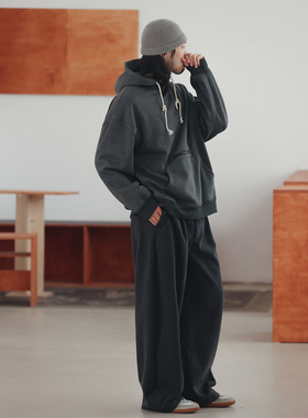 NOEARS秋冬抓绒加厚深灰色连帽袋鼠兜卫衣日系复古套头上衣外套