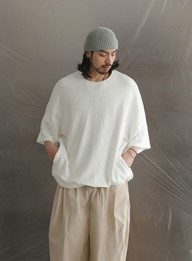 NOEARS日系复古白色拼接圆领套头宽松短袖春夏落肩设计感T恤男女