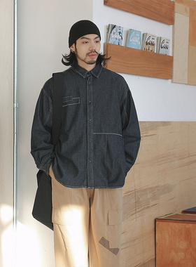 NOEARS春季黑灰色宽松长袖方领牛仔衬衫日系复古明线设计感衬衣