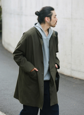 NOEARS春秋深灰绿色中长款复古宽松风衣日系cityboy翻领休闲外套
