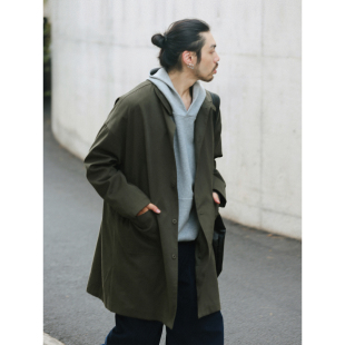 NOEARS春秋深灰绿色中长款 复古宽松风衣日系cityboy翻领休闲外套