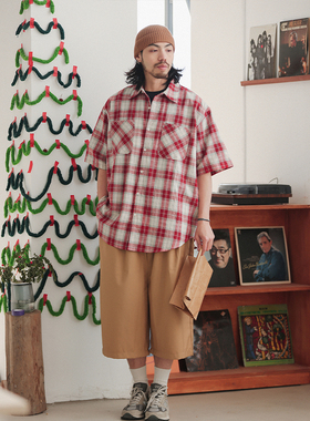 NOEARS日系复古红色格子短袖衬衫春夏简约cityboy宽松通勤衬衣