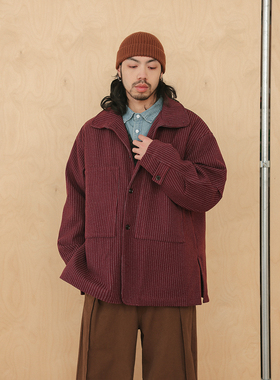 NOEARS中式新年红色条纹大衣宽松翻领毛呢外套日系复古加棉夹克潮